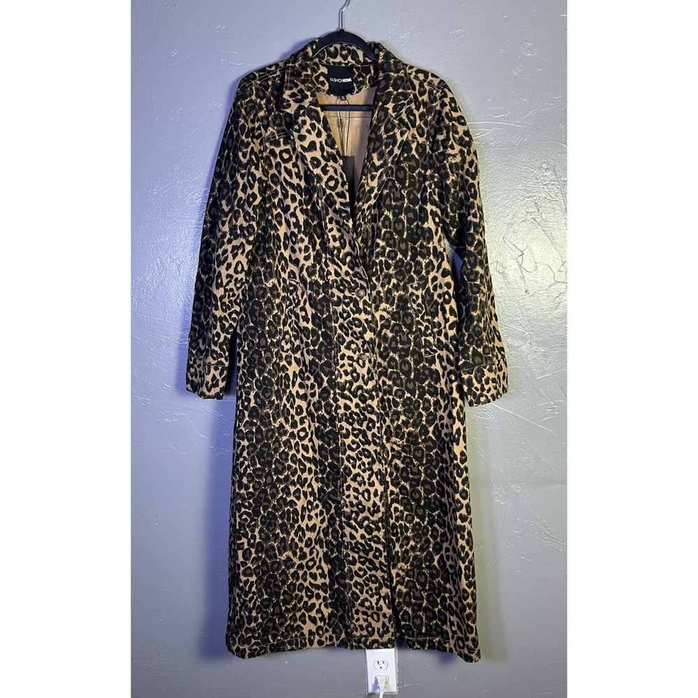 Fashion Nova New long button-front leopard-print denim trench coat Mob Wife L